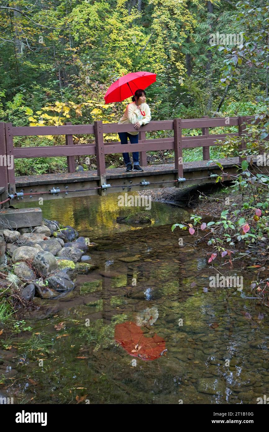 Une femme tenant un parapluie rouge se tient debout sur une petite passerelle enjambant un ruisseau près du lac Robinson dans le nord de l'Idaho. Banque D'Images