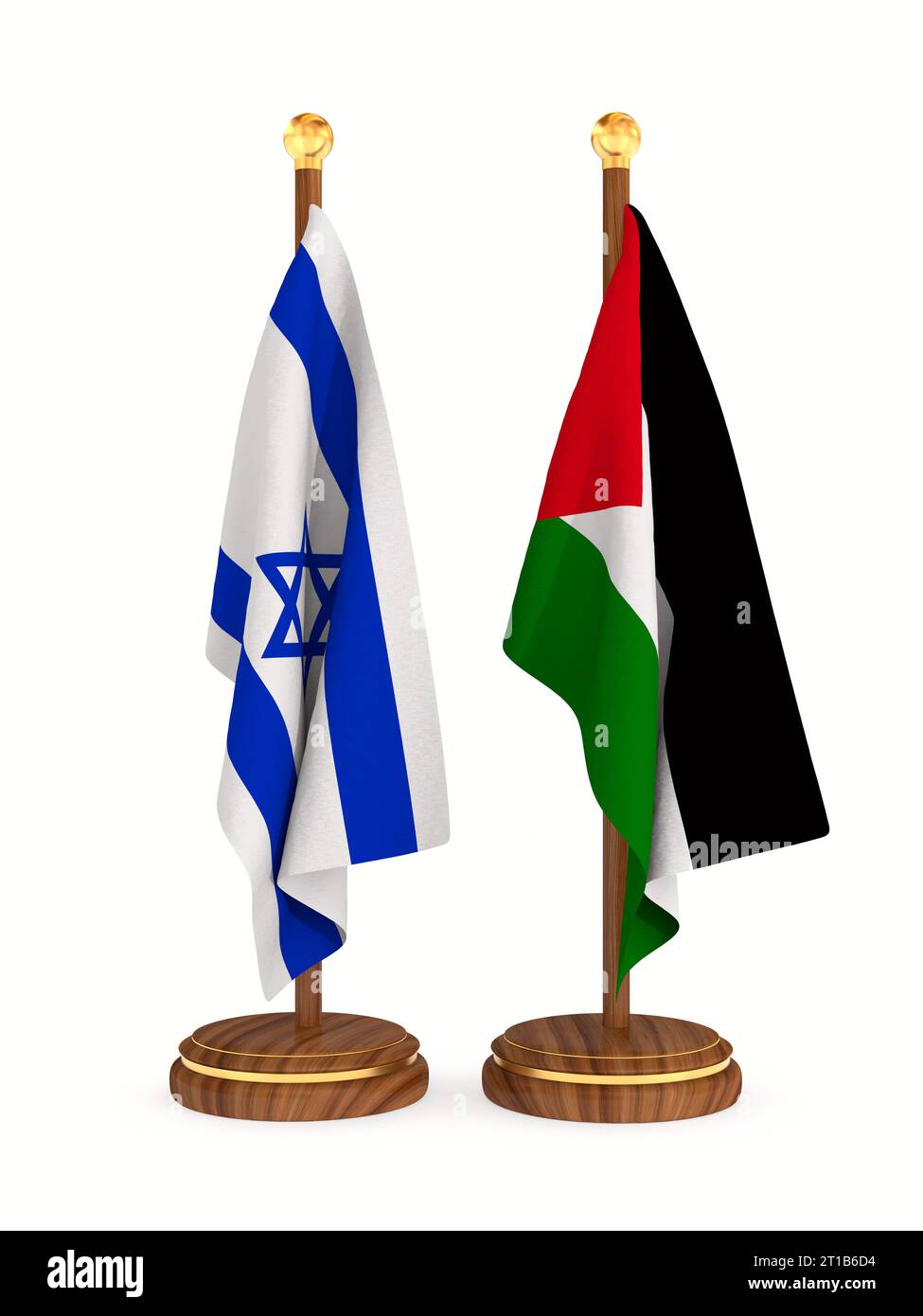 Drapeau Palestine et Israël sur fond blanc. Illustration 3D isolée Banque D'Images