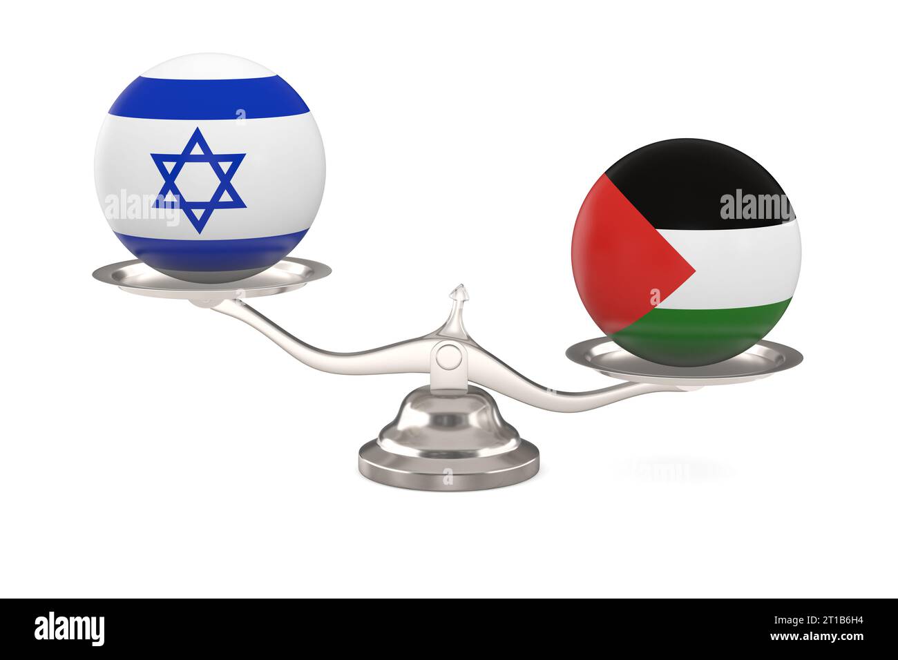 Deux boules avec drapeau israël, palestine et échelle sur fond blanc. Illustration 3D isolée Banque D'Images