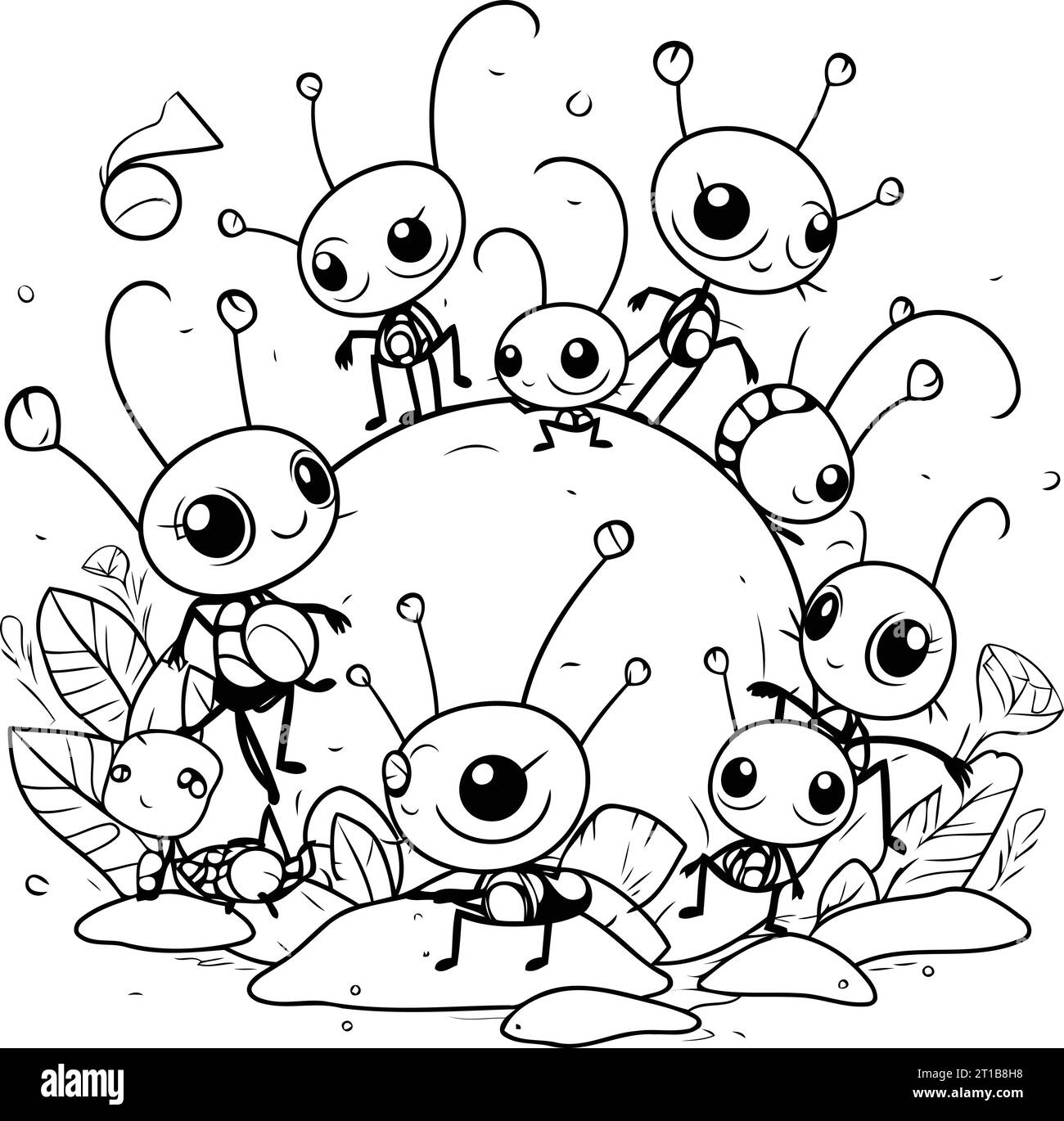 Mignonnes fourmis de dessin animé sur la terre. Illustration vectorielle en noir et blanc. Illustration de Vecteur