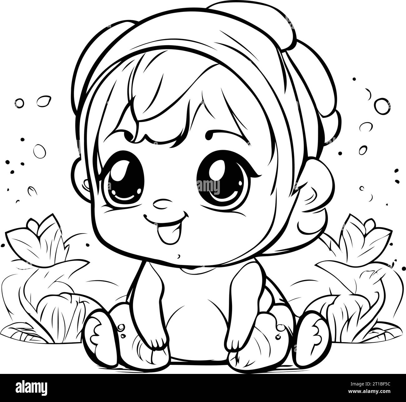 Mignonne petite fille assise sur l'herbe. Illustration vectorielle pour livre de coloriage. Illustration de Vecteur