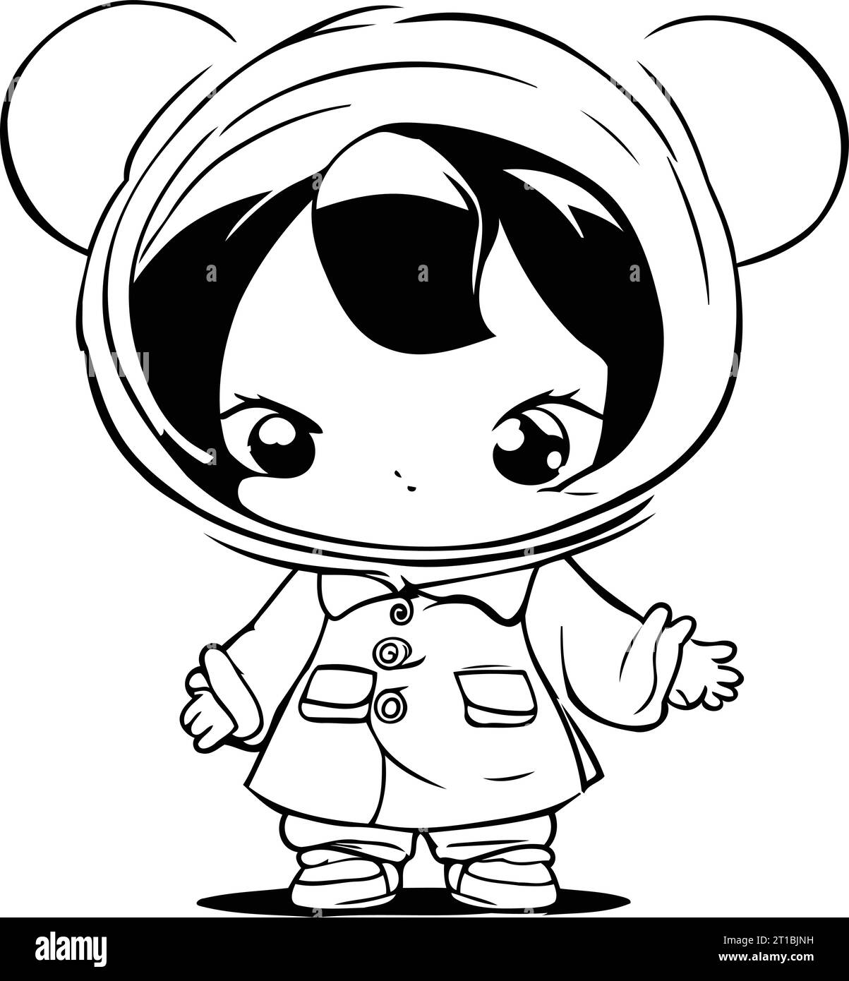 Dessin animé noir et blanc Illustration de Cute Little Kid dans Astronaut Costume Illustration de Vecteur