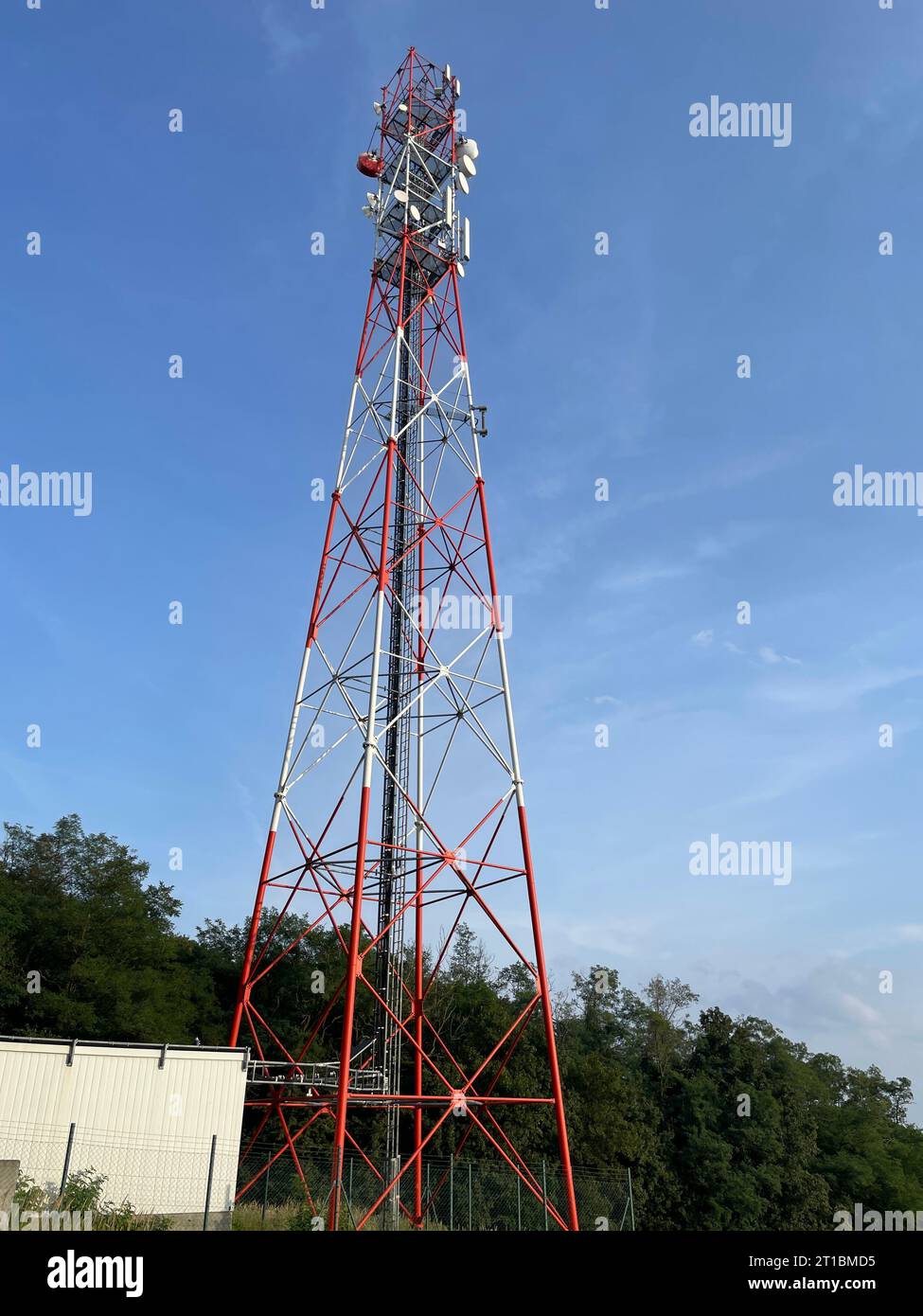 Une grande tour de télécommunications en contraste frappant avec le ciel bleu brillant Banque D'Images