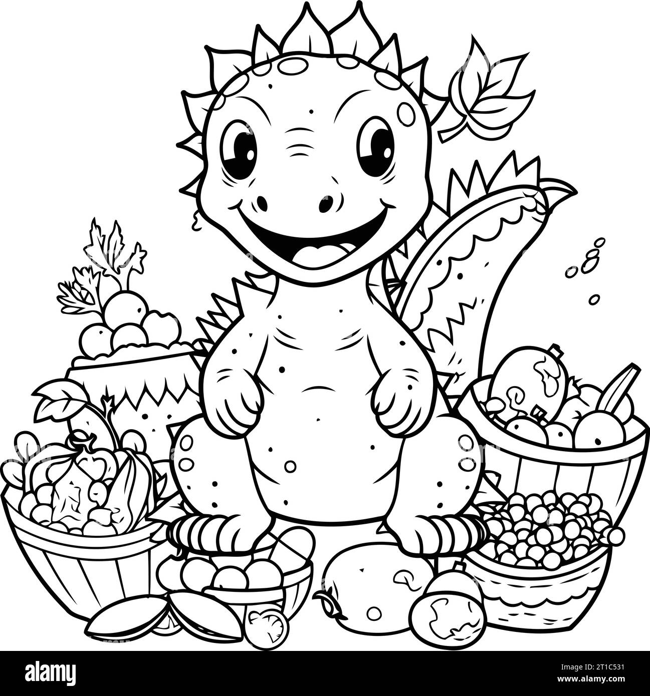 Livre de coloriage pour enfants. dinosaure avec un panier de fruits et légumes Illustration de Vecteur
