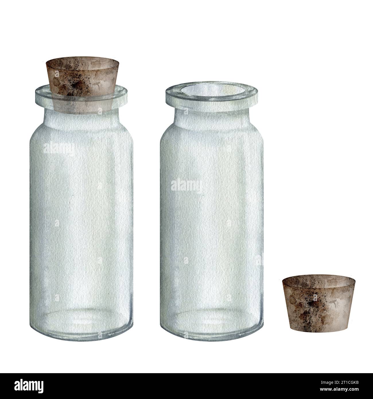 Ensemble de bocal en verre, vase avec bouchon en bois, couvercle. Clipart dessiné à la main aquarelle isolé sur fond blanc. ensemble de béchers pour la biologie et la médecine Banque D'Images