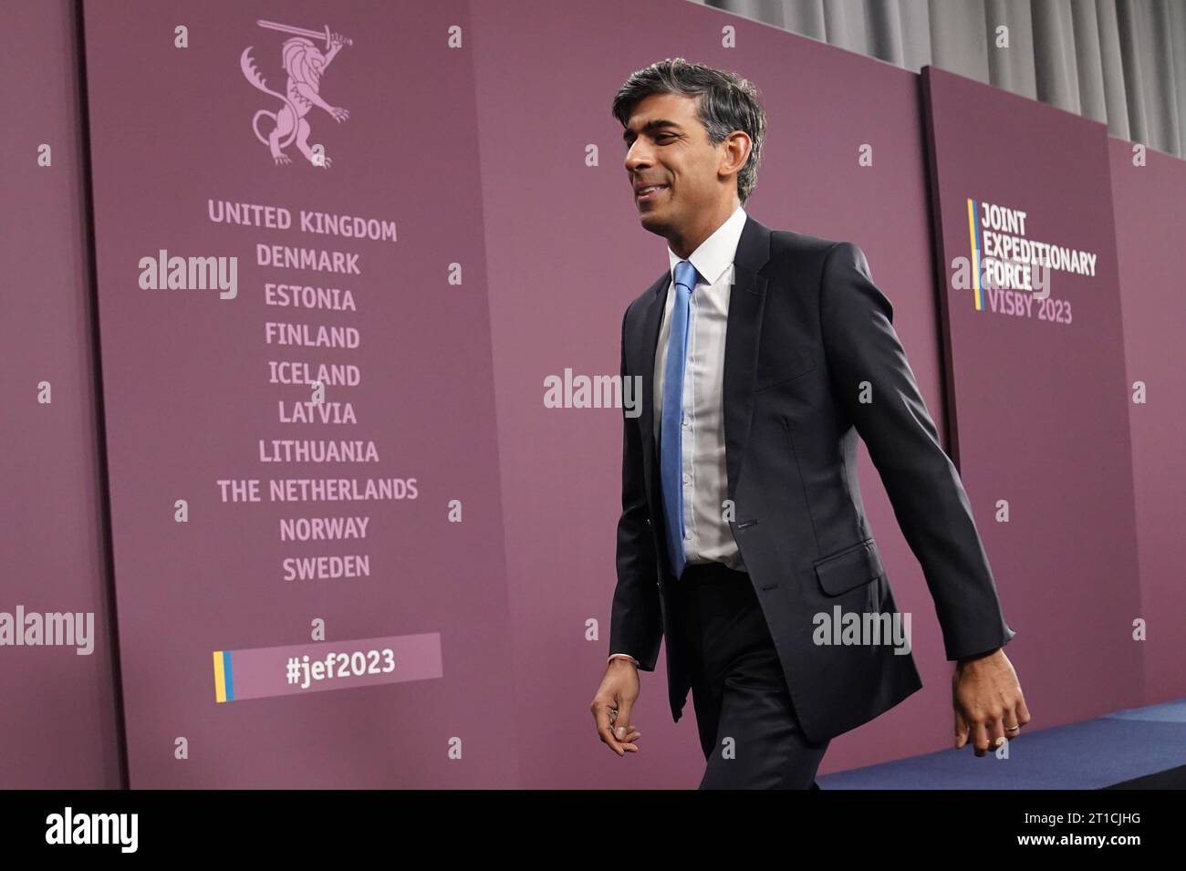 Le Premier ministre Rishi Sunak arrive au Sommet expéditionnaire conjoint (JEF) sur l'île balte de Gotland, en Suède. Date de la photo : Vendredi 13 octobre 2023. Banque D'Images