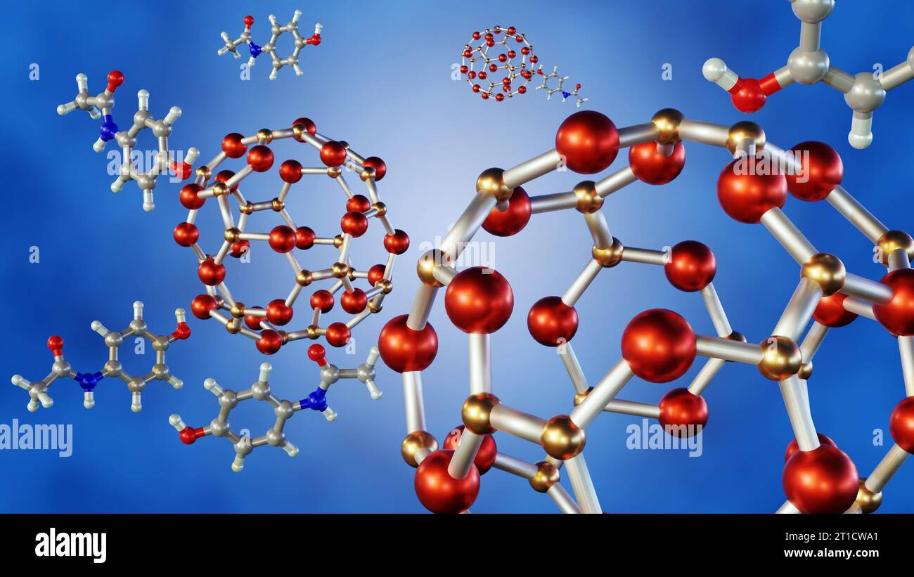 Interaction des Nano-cages B24N24 avec le rendu 3d des molécules de paracétamol Banque D'Images