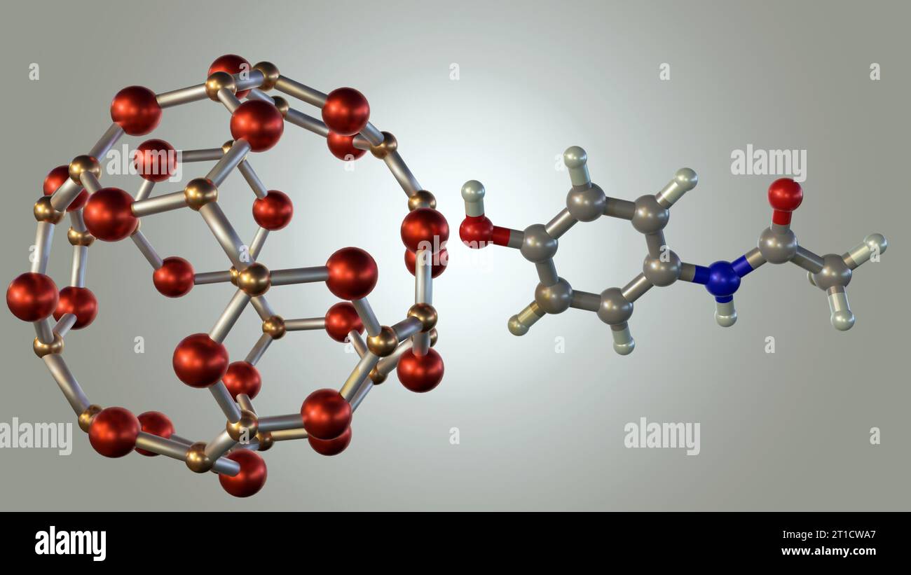 Interaction des Nano-cages B24N24 avec le rendu 3d des molécules de paracétamol Banque D'Images