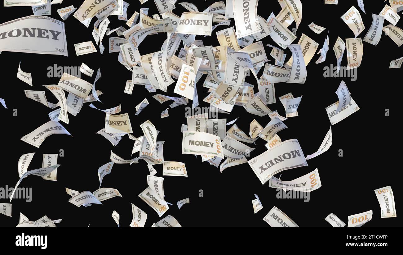 billet de banque de papier d'argent volant cent dollar isolé dans le rendu 3d de fond noir Banque D'Images