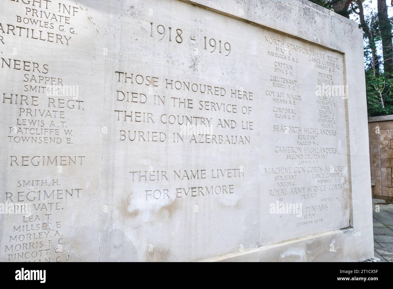 Le marbre blanc britannique, britannique, monument anglais à ceux qui ont perdu dans le conflit de 1918-1919. Au cimetière militaire et mémorial Highland Park à Bakou, Banque D'Images