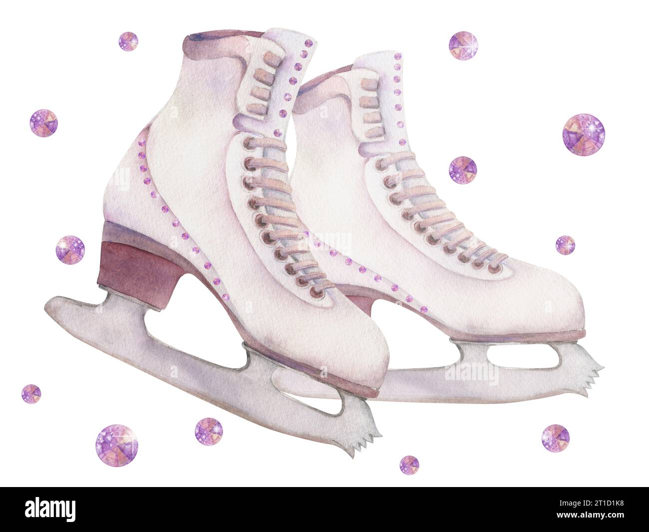 Paire de bottes de patinage artistique à l'aquarelle dessinées à la main, strass en cristal, chaussures de sports d'hiver. Illustration isolée sur fond blanc. Affiche de conception Banque D'Images