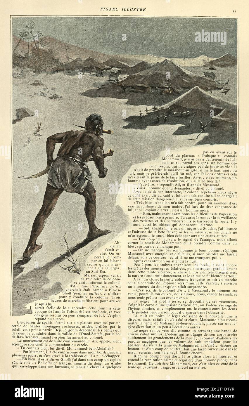 Illustration vintage R'Dija par Grandin, Afrique du Nord arabe, Assassin se faufilant dans le camp la nuit pour commettre un meurtre, français, années 1890, 19e siècle Banque D'Images