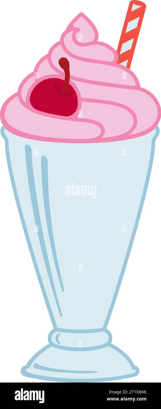 Milkshake à la fraise avec de la crème fouettée et de la cerise sur le dessus dans un verre à dessert rétro de barre de lait comme illustration vectorielle Illustration de Vecteur