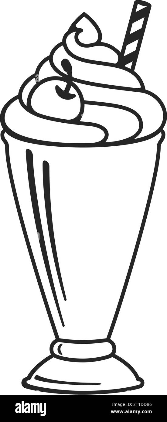 Milkshake avec de la crème fouettée et de la cerise sur le dessus dans un verre à dessert rétro de barre de lait comme illustration vectorielle Illustration de Vecteur