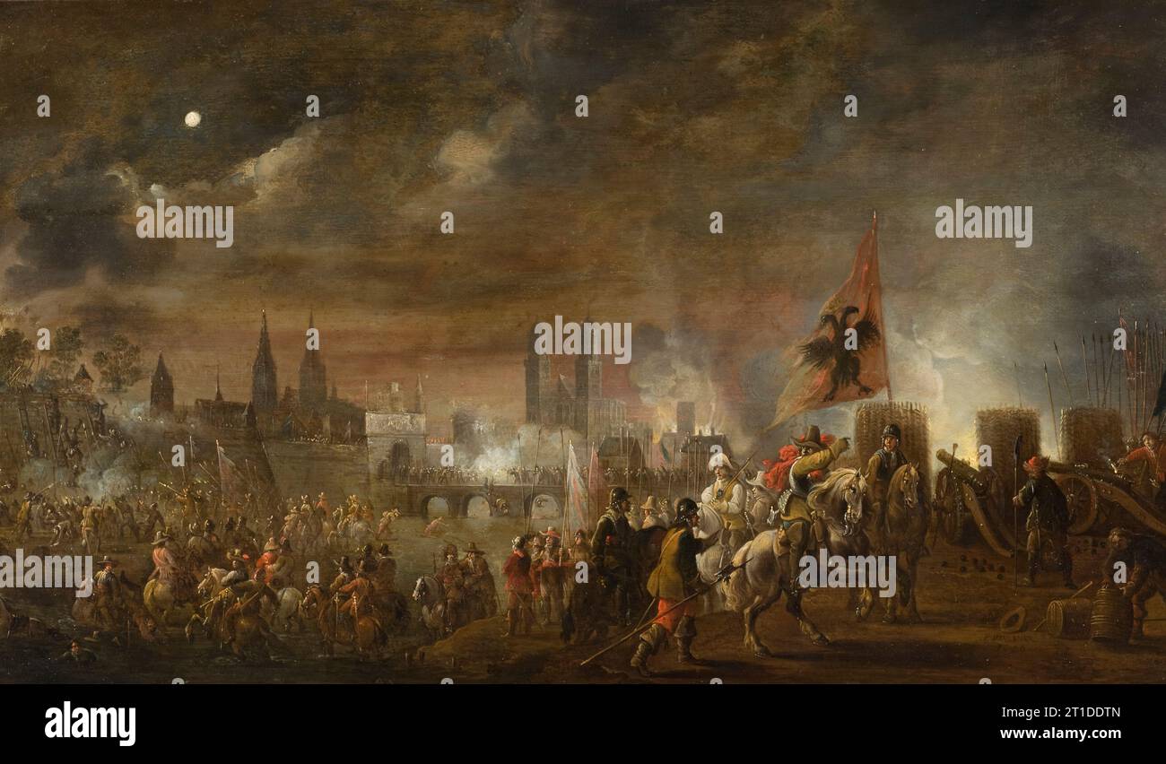 Le siège de Magdebourg, 1631, (1650). Le sac de Magdebourg est la destruction de la ville protestante de Magdebourg le 20 mai 1631 par l'armée impériale et les forces de la Ligue catholique, entraînant la mort d'environ 20 000 personnes, y compris des défenseurs et des non-combattants. L'événement est considéré comme le pire massacre de la guerre de trente ans. Banque D'Images