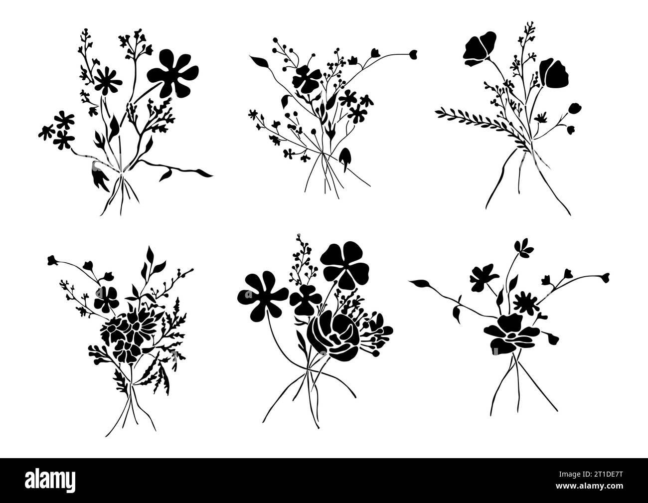 Ensemble de minuscules fleurs sauvages, silhouettes de bouquet de plantes Illustration de Vecteur