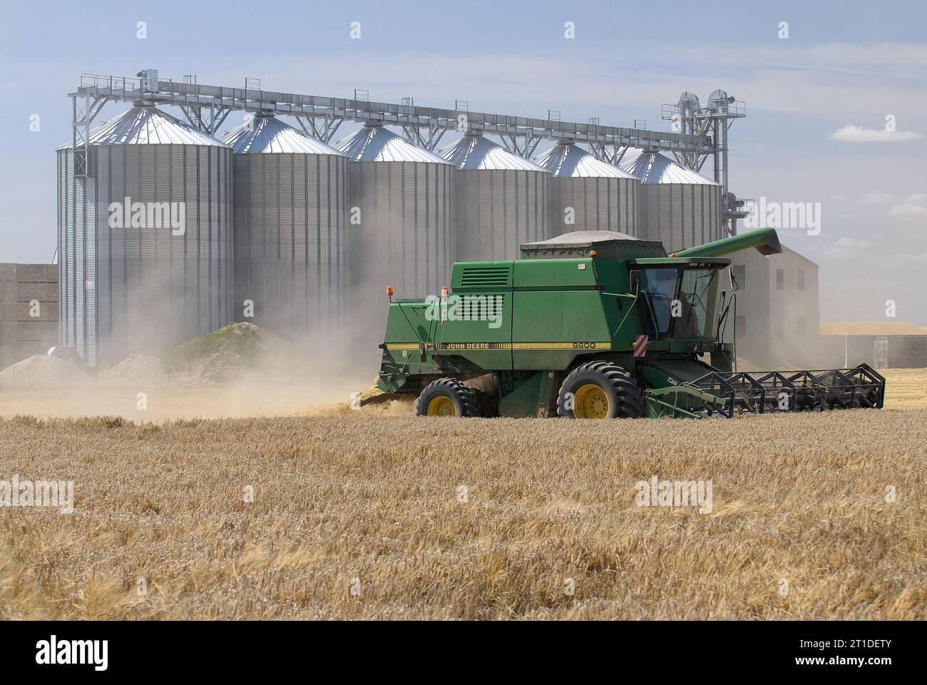 Récolte d'orge : récolte d'été dans le département de l'Essonne (région parisienne). Moissonneuse-batteuse et silos coopératifs en arrière-plan Banque D'Images