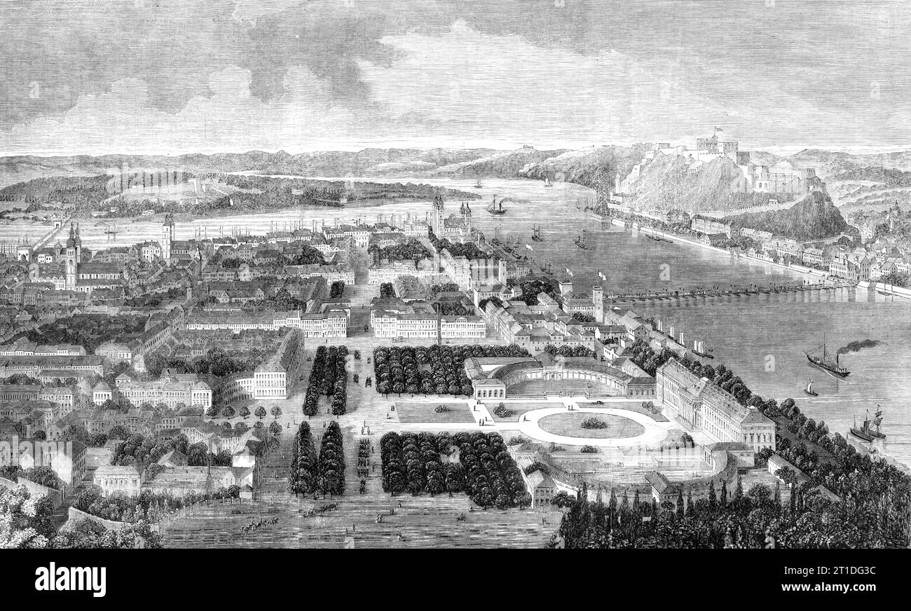 La ville de Coblentz, 1860. 'Coblentz est une ville fortifiée de Prusse rhénane, sur la rive gauche du Rhin, à l'afflux de la Moselle, l'ancien fleuve étant ici traversé par un pont de bateaux...et ce dernier par un pont de pierre...sa population en 1846 était de 23 421...autour d'elle se trouvent plusieurs forts détachés. Ehrenbreitstein, sur la rive opposée du Rhin, est l'une des plus fortes fortworks. Il est défendu par environ 400 pièces de canon...aucune ville sur le Rhin ne dépasse Coblentz dans la beauté de sa situation : de quelque côté que vous approchez, par terre ou par eau, il présente une belle image...Co Banque D'Images