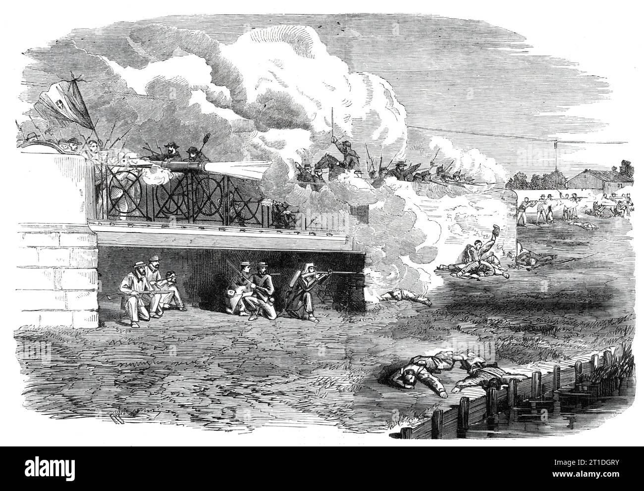 La Révolution en Sicile - la lutte au pont de Melazzo - d'après un croquis de T. Nast, 1860. '...it semble que dans l'ensemble les Napolitains se tenaient sur la défensive, tirant derrière les murs et toutes sortes de couvertures, et ont été lentement délogés, les siciliens perdant lourdement tout au long. Le combat a duré quatorze heures dans la chaleur de la journée. La force de Garibaldi, qui était d'environ 5000 hommes, avait 750 morts et blessés... en passant par le pont qui mène au cou de la péninsule, il y a un espace ouvert de quelques centaines de mètres, avec la mer à droite et quelques jardins à gauche. Au-delà de l'ouverture sp Banque D'Images