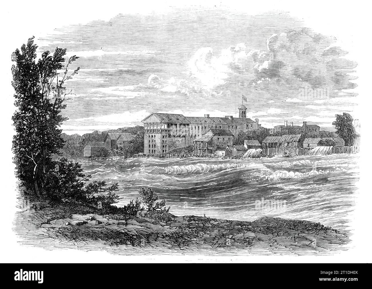 Niagara Falls Village : les rapides au-dessus des chutes américaines - d'après un dessin de notre artiste spécial, G.H. Andrews, 1860. Le village de Niagara Falls... est situé juste au-dessus de la chute américaine, et contient des églises, des hôtels, et des manufactures de machines à vapeur, de tissu de laine, et de papier, avec des moulins à maïs et à scie. Sa population est de plus de 1000 habitants. Les chemins de fer Buffalo et Lockport se rencontrent ici. Extrait de "Illustrated London News", 1860. Banque D'Images