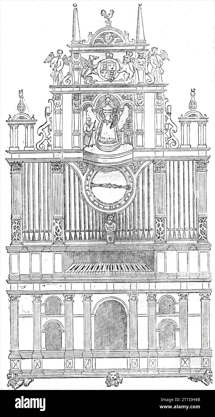 Curieux instruments de musique du XVIe siècle, 1860. Un «instrument élaboré mais sans nom de l'ère élisabéthaine» conçu par l'orfèvre Randolph Bull, avec des soufflets artificiels pour faire '...les tuyaux...pour faire entendre musicalement quatre ou cinq chansons sans la main de personne sur les touches...une horloge...[pour montrer] le vrai cours du soleil et de la lune, et... l'âge de la lune vraiment tous les jours, avec son augmentation et sa diminution ; et il montrera aussi les planètes régnantes tous les jours très vraiment... un homme armé... [pour] frapper le quart d'heure sur une cloche fine, forte et sonnante... Banque D'Images