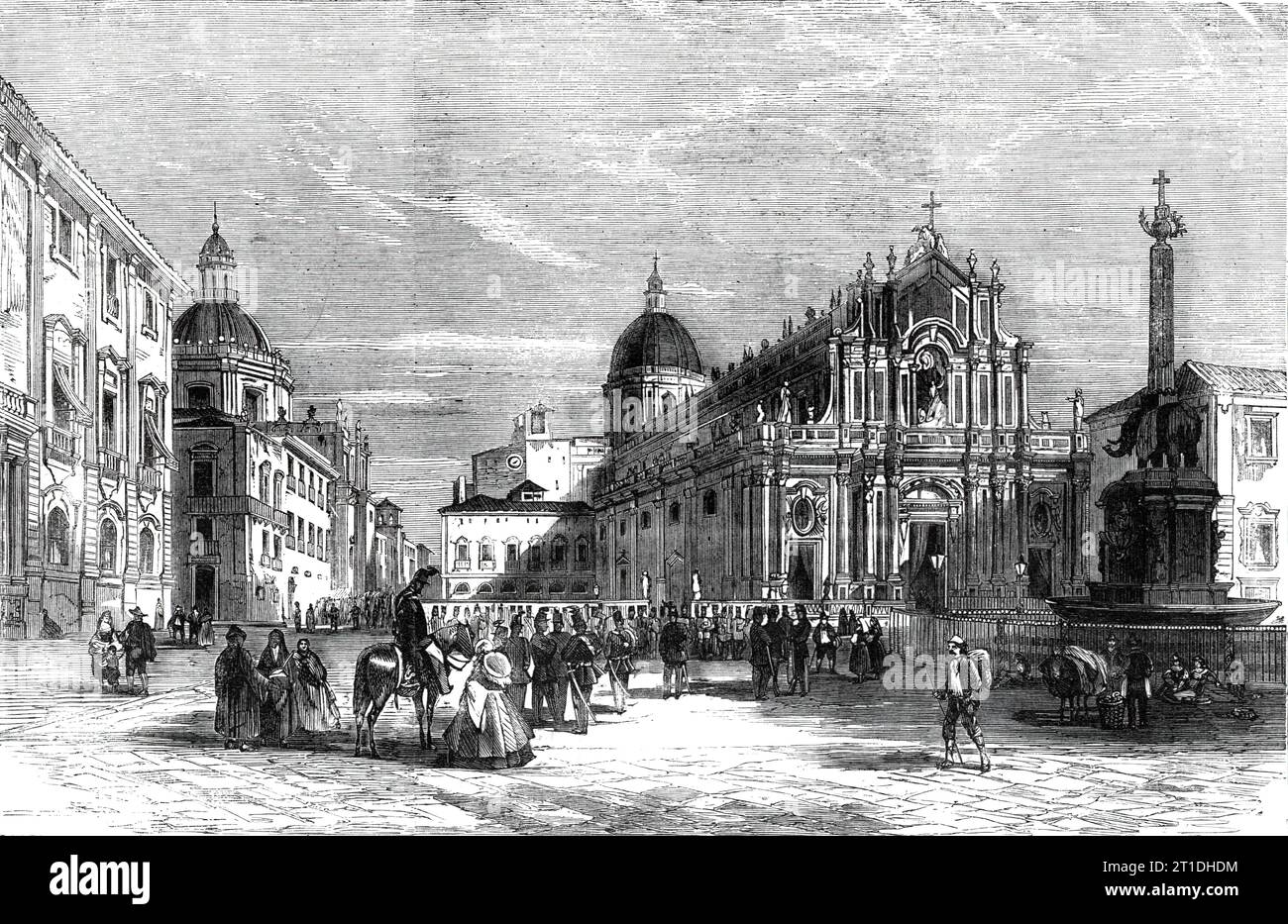 La Révolution en Sicile - la cathédrale et la place de l'éléphant, Catane, 1860. Catane, avec ses rues droites et ses maisons blanches, a l'apparence d'une belle ville moderne, malgré ses vingt-cinq siècles d'existence. Parmi les plus remarquables de ses bâtiments se trouve la cathédrale, un vaste bâtiment dédié à Santa Agata. La façade est ornée de fines colonnes de granit, tirées du théâtre de la ville antique, et la sacristie est recouverte de fresques représentant les ravages de l’éruption de 1669. Sur la place avant elle se trouve une fontaine [conçu par Giovanni Battista Banque D'Images