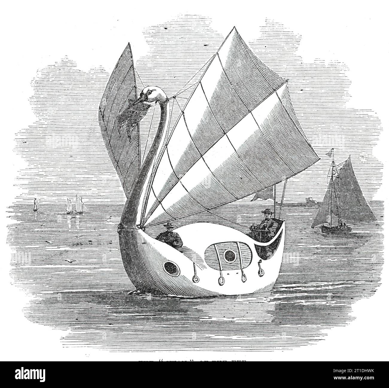 Le "Cygne" de l'exe, 1860. '...un yacht élégant, la similitude même d'un gigantesque cygne blanc... construit à partir de dessins et de sections par le propriétaire, le capitaine George Peacock...[il est] exactement quatre fois la taille du cygne muet de Bewick... son cou et sa tête, magnifiquement sculptés, s'élèvent gracieusement à 16 pieds au-dessus de la ligne de flottaison. Les ailes de l'oiseau sont représentées par les voiles, qui sont hissées et abaissées par des drisses passant par des blocs pendants dorés attachés à un anneau doré à la partie supérieure du cou... la nécessité du ballastage est supprimée, et toute possibilité de chavirer Banque D'Images