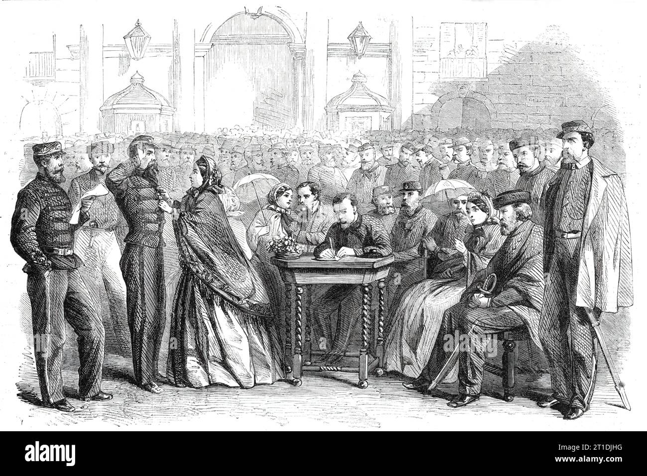 Remise de médailles aux vétérans de Garibaldi sur la Grande place, Naples, 1860. Les soldats italiens sont décorés. "Presque le dernier acte de Garibaldi, avant de clore sa carrière, pour l'époque, en Italie, a été d'assister à la cérémonie de remise de la médaille commémorative au groupe choisi qui a atterri avec lui à Marsala le 11 mai dernier. Ils entrent en service ce jour-là en 1080, mais seulement 426 d'entre eux survivent pour recevoir la décoration. La présentation a eu lieu au Largo del Palazzo le 4 novembre. La cavalerie hongroise, un ensemble de compagnons d'apparence noble, était devant le palais. Là wer Banque D'Images