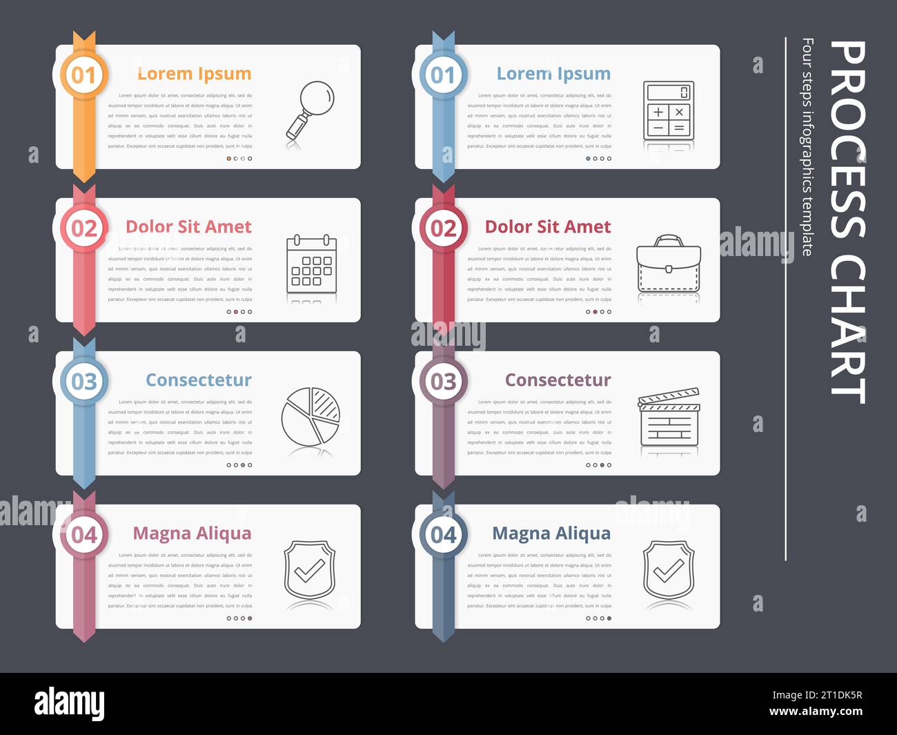Tableau du processus vertical, organigramme modèle, des éléments de conception infographiques avec les nombres, et du texte, des infographies, workflow, étapes, options, vec Illustration de Vecteur