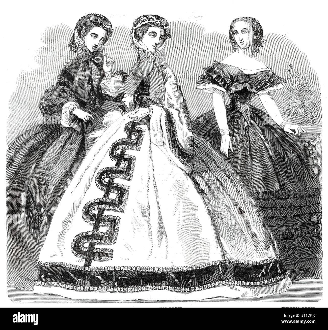 Paris Fashions pour décembre 1860. «1. Tenue de visite. Robe de couleur unie, ayant près du bas de la jupe une large bande de velours noir, bordée d'un ruchement étroit de taffetas de couleur rose... la longue manche suspendue est bordée pour correspondre, et est encore décorée par quatre macarons de velours...2. Robe de marche. '...une robe mérinos de couleur sombre, taille longue. Une bande de velours, garnie d'une guipure étroite, est attachée break-fashion devant et derrière les épaules. La ceinture, frangée aux extrémités longues et fluides, et la fixation avec deux grands noeuds plats, est du même matériau que TH Banque D'Images