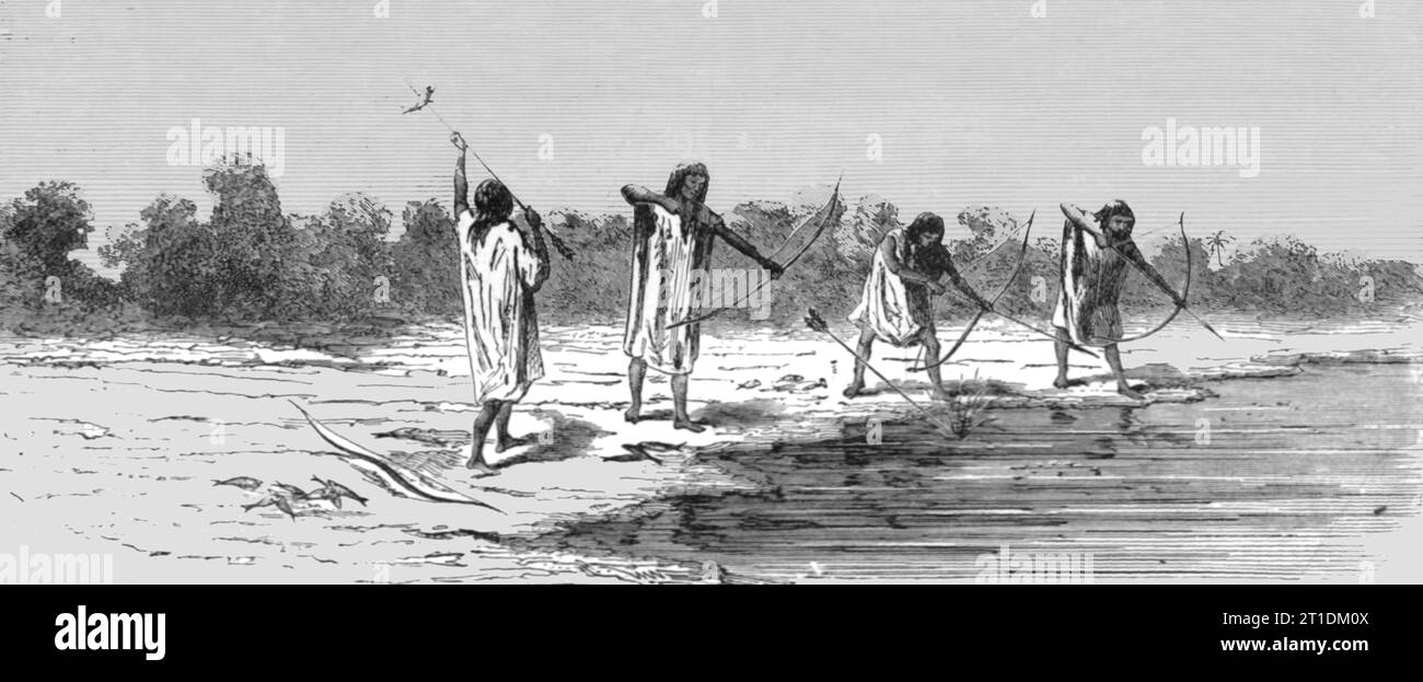 « Indians Shooting Fish ; la tortue d'eau douce des Amazones », 1875. Extrait de 'Voyages illustrés' de H.W. Bates. [Cassell, Petter et Galpin, c1880, Londres] et Galpin. Banque D'Images