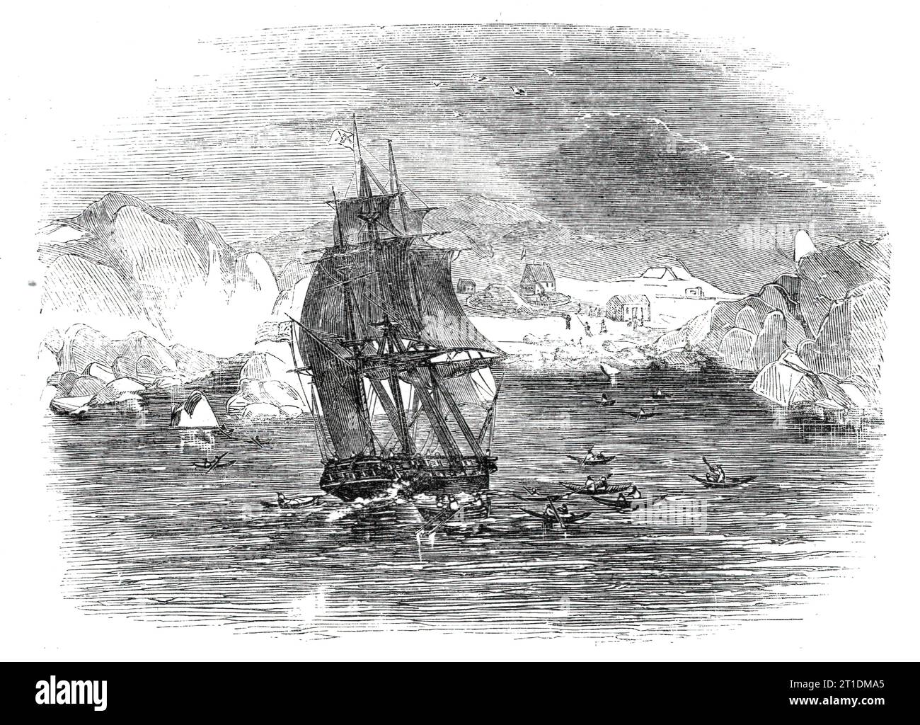 The North Atlantic Telegraph - l'expédition arrivant à Kaksimiut, Groenland, 1860. 'Kaksimiut est situé sur la côte ouest du Groenland, à environ quarante miles au nord de Julianshaab. C’est à cet endroit que le colonel Shaffner a ancré son navire et là, dans les Unriaks des Esquimaux, il a examiné les baies ou les fjords. Cet endroit est près de la mer ouverte, et compte une cinquantaine d'habitants. C'est un dépôt pour la Greenland Company. Lorsque le navire est entré de la mer, il était accompagné de nombreux Esquimaux dans leurs unriaks (bateau pour femmes) et kiajaks. Extrait de "Illustrated London News", 1860. Banque D'Images