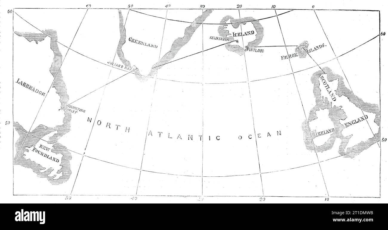 Itinéraire proposé pour le télégraphe de l'Atlantique Nord, 1860. « La concession pour les territoires danois sur la route proposée a été obtenue par le colonel Shaffner en 1854, et depuis lors, il a vigoureusement défendu la praticabilité de l'entreprise pour la télégraphie commerciale. En vue de déterminer la physique, en ce qui concerne la pose du câble, il affréta une barque de quelque 200 tonnes, et navigua de Boston le 29 août 1859, pour le Labrador, le Groenland et les mers du Nord, accompagné de sa famille et. quelques amis. Cette enquête préliminaire était importante. T Banque D'Images