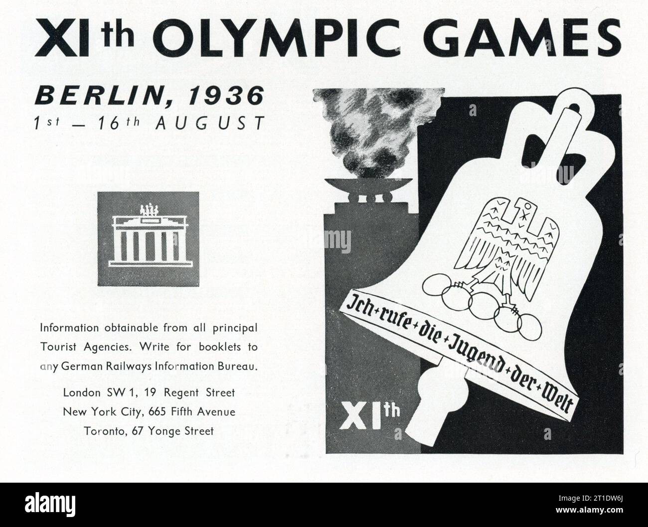 Publicité pour les XIes JEUX OLYMPIQUES DE BERLIN 1936 en Allemagne qui auront lieu du 1 au 16 août Banque D'Images