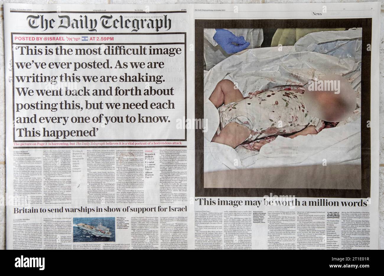 Le journal The Daily Telegraph vendredi 13 octobre 2023, reportage sur le meurtre de bébés par des terroristes du Hamas dans un kibboutz israélien. HOMER SYKES des années 2000 Banque D'Images