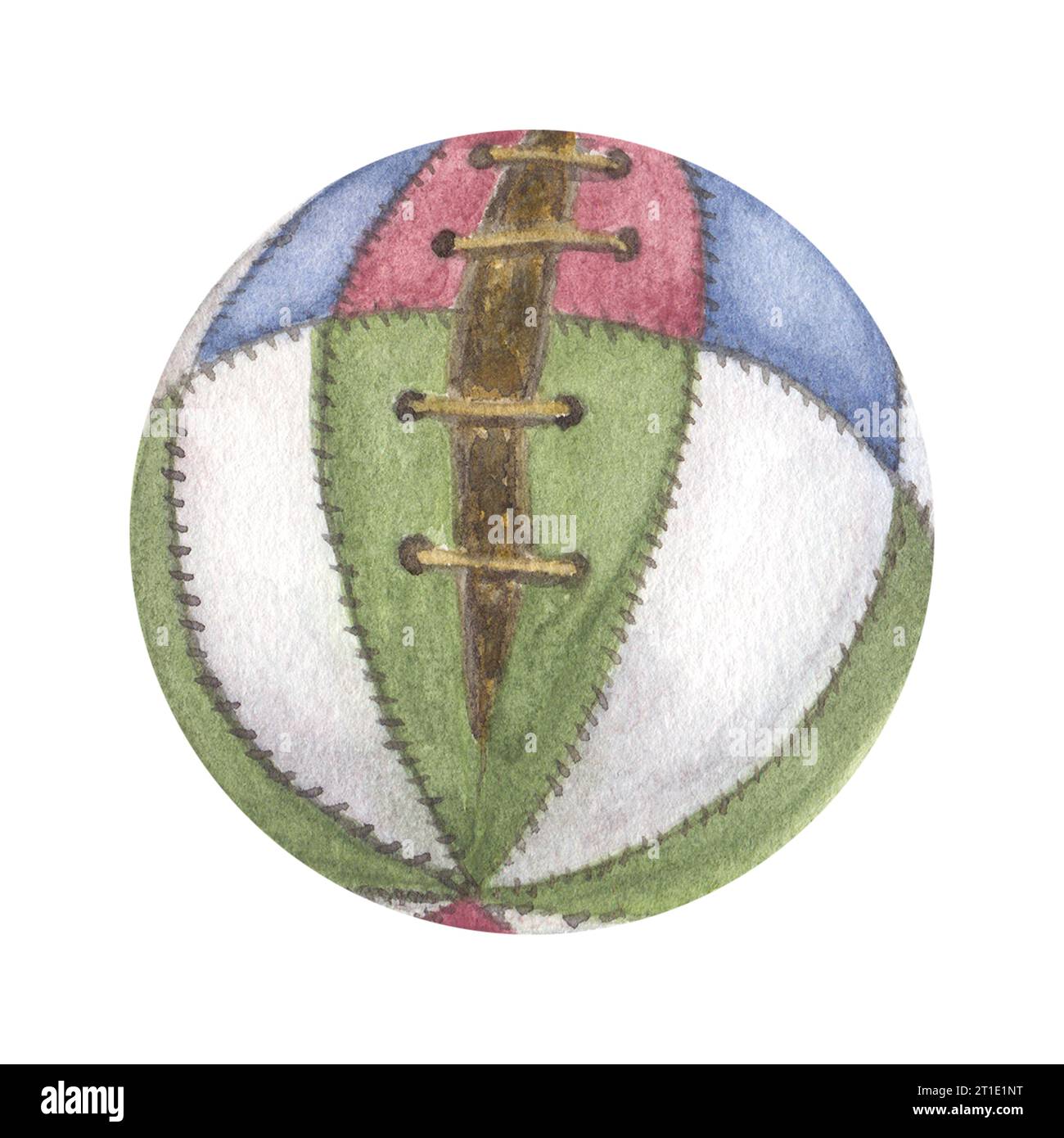 Boule colorée jouet vintage bébé. Balle de plage rouge-vert-bleu pour le jeu de sport. Illustration aquarelle dessinée à la main fond isolé. Jouets antiques collectiti Banque D'Images