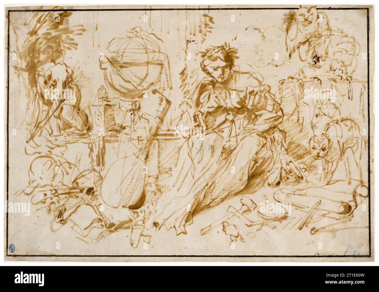 Giovanni Benedetto Castiglione dit il Grechetto, Melancholia, dessinant à la peinture à l'huile et au pinceau sur papier beige, après 1660 Banque D'Images