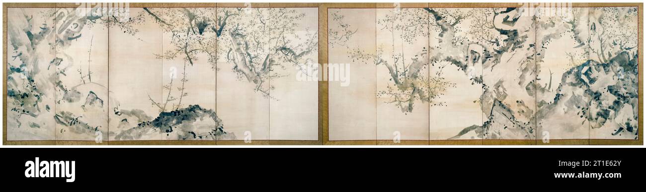 IKE no Taiga, fleurs de prunes dans la brume, peinture japonaise du 18e siècle sur écran pliant à l'encre sur papier, vers 1750 Banque D'Images