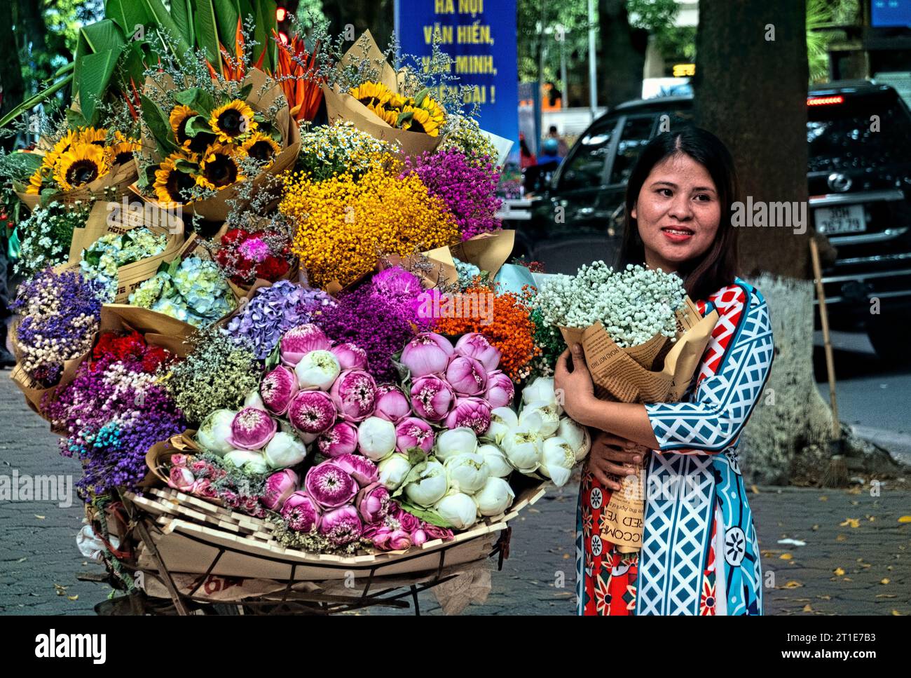 Femme à ao dai avec des fleurs sur Phan Dinh Phung Street, Hanoi, Vietnam Banque D'Images
