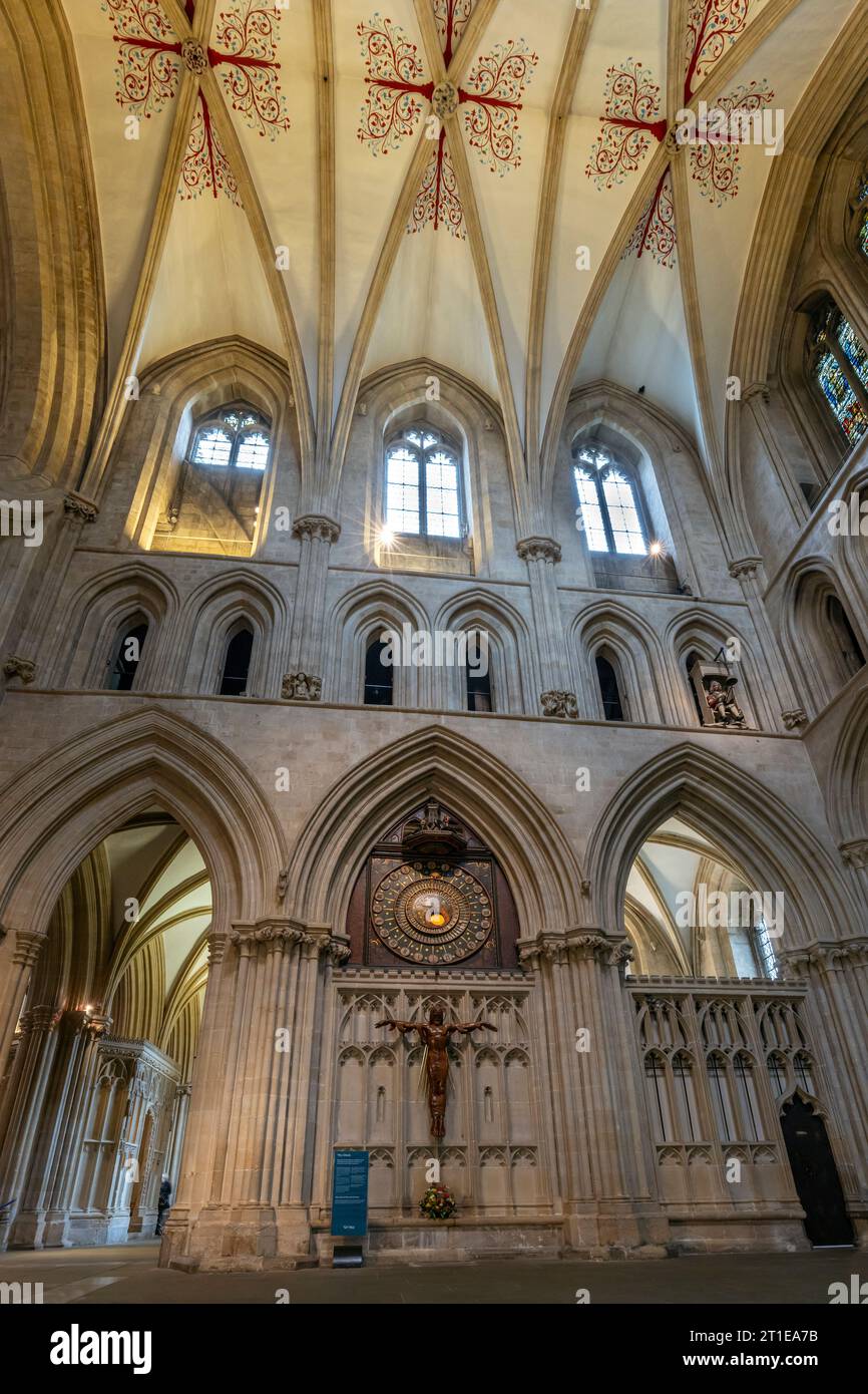 La célèbre horloge astronomique dans la cathédrale de Wells, Somerset, Angleterre. Dates de 1386AD. Banque D'Images