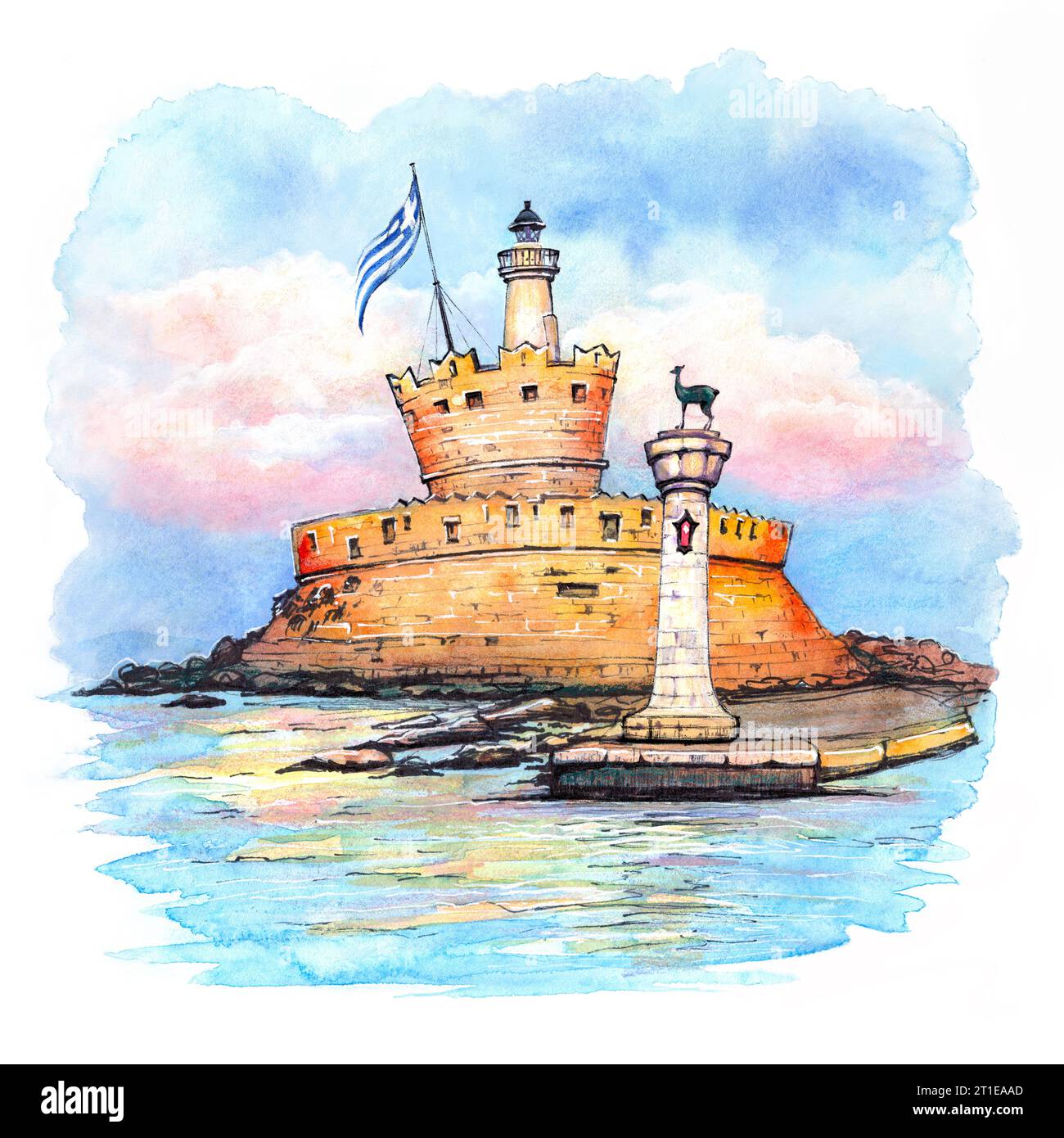 Croquis à l'aquarelle de l'entrée du port de Mandraki et du phare de Rhodes, îles du Dodécanèse, Grèce Banque D'Images