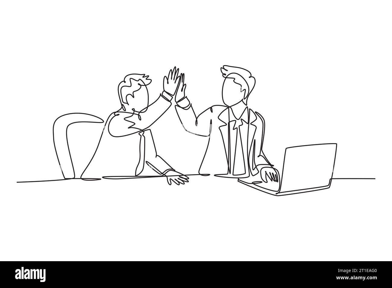 Ligne continue unique des hommes d'affaires de dessin célébrant leur cible successive lors de la réunion d'affaires avec le haut de cinq geste. Concept de transaction commerciale. Banque D'Images Ligne continue unique des hommes d'affaires de dessin célébrant leur cible successive lors de la réunion d'affaires avec le haut de cinq geste. Concept de transaction commerciale. Banque D'Images