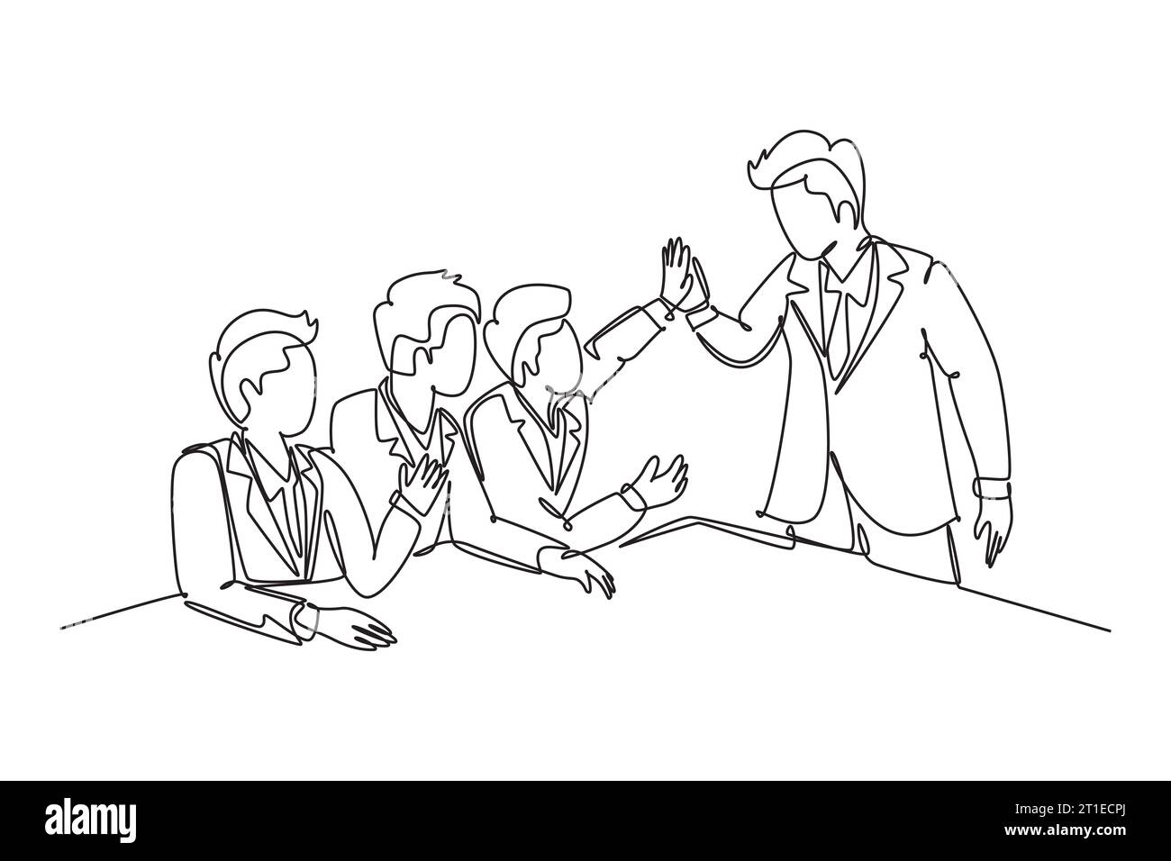 Un seul groupe de dessin de ligne d'hommes d'affaires célébrant leur objectif successif à la réunion d'affaires avec haut cinq geste. Concept de transaction commerciale. Banque D'Images Un seul groupe de dessin de ligne d'hommes d'affaires célébrant leur objectif successif à la réunion d'affaires avec haut cinq geste. Concept de transaction commerciale. Banque D'Images
