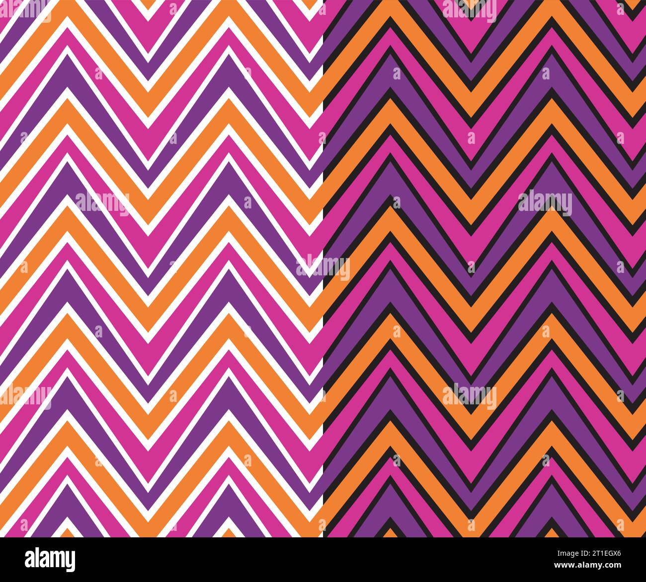 Swatch à motif sans couture à chevron géométrique, style hipster des années 70, forme triangulaire, rayures abstraites en zigzag, palette de couleurs violet lilas orange Illustration de Vecteur