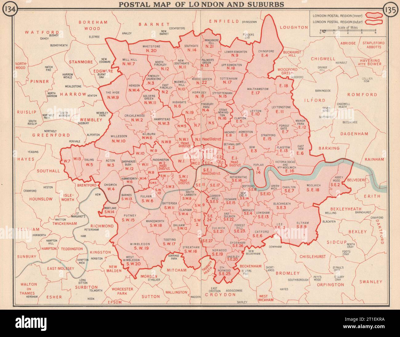 Carte postale de Londres et de ses banlieues. Codes postaux. Régions postales. Codes postaux 1953 Banque D'Images