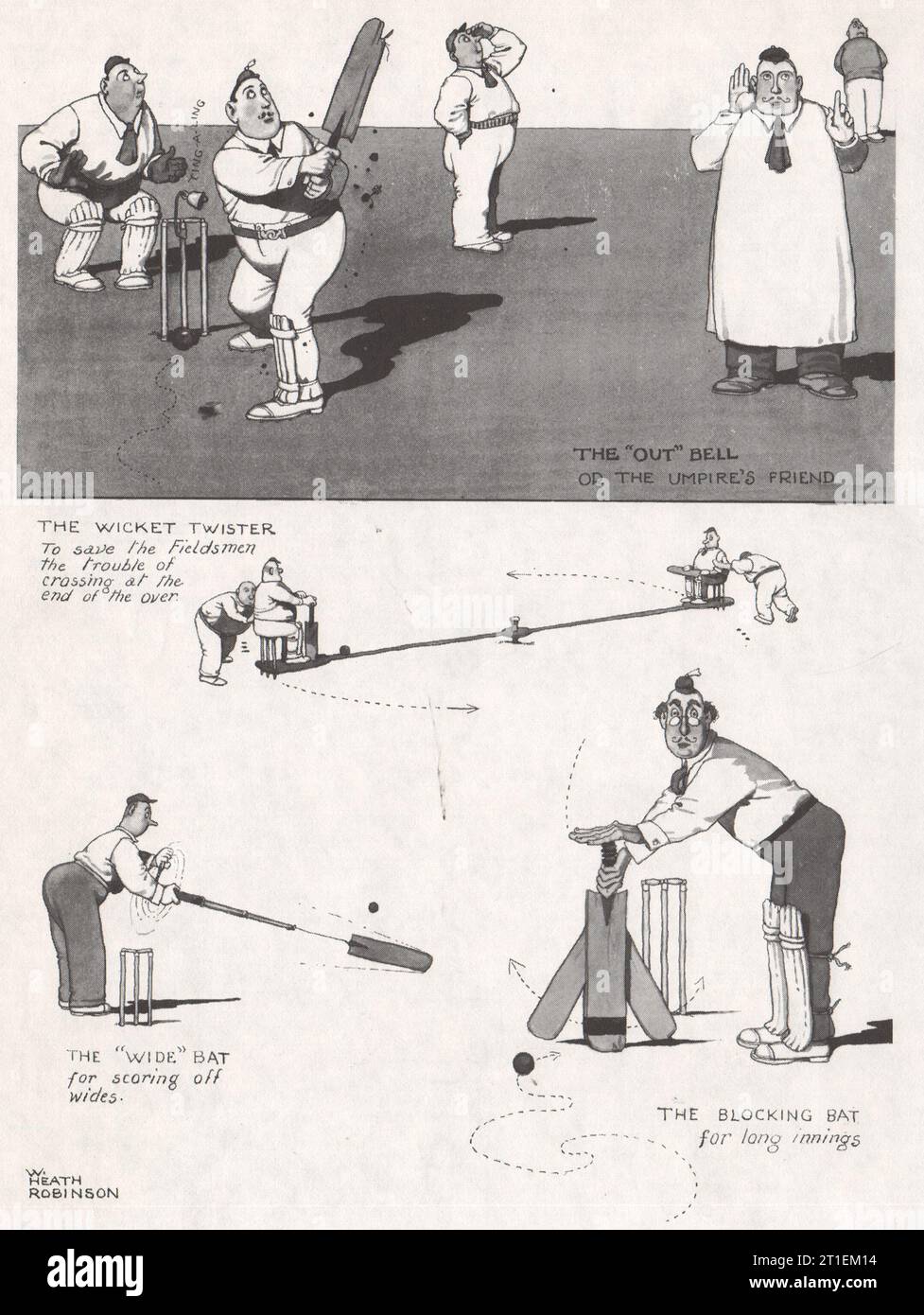 HEATH ROBINSON. Quelques nouveautés Cricket 1973 vieille photo d'impression vintage Banque D'Images