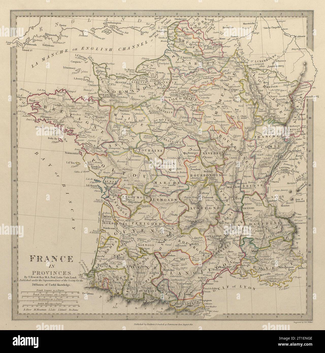 FRANCE avec PROVINCES pré-révolutionnaires. Couleur originale de la main SDUK 1844 map Banque D'Images