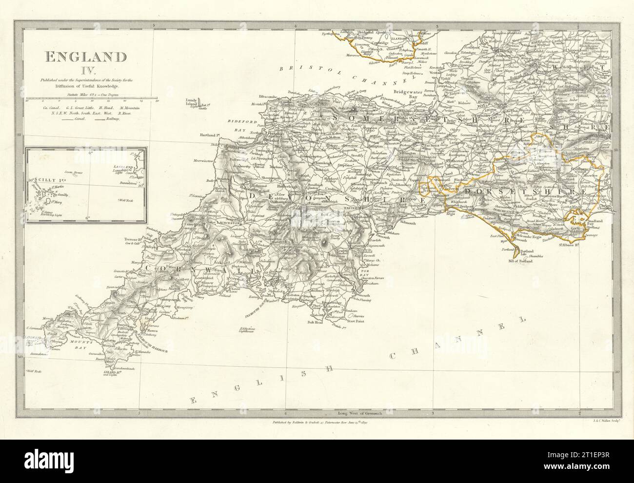ANGLETERRE SUD-OUEST. Cornwall Devon Somerset Dorset Scilly Isles. Carte SDUK 1844 Banque D'Images