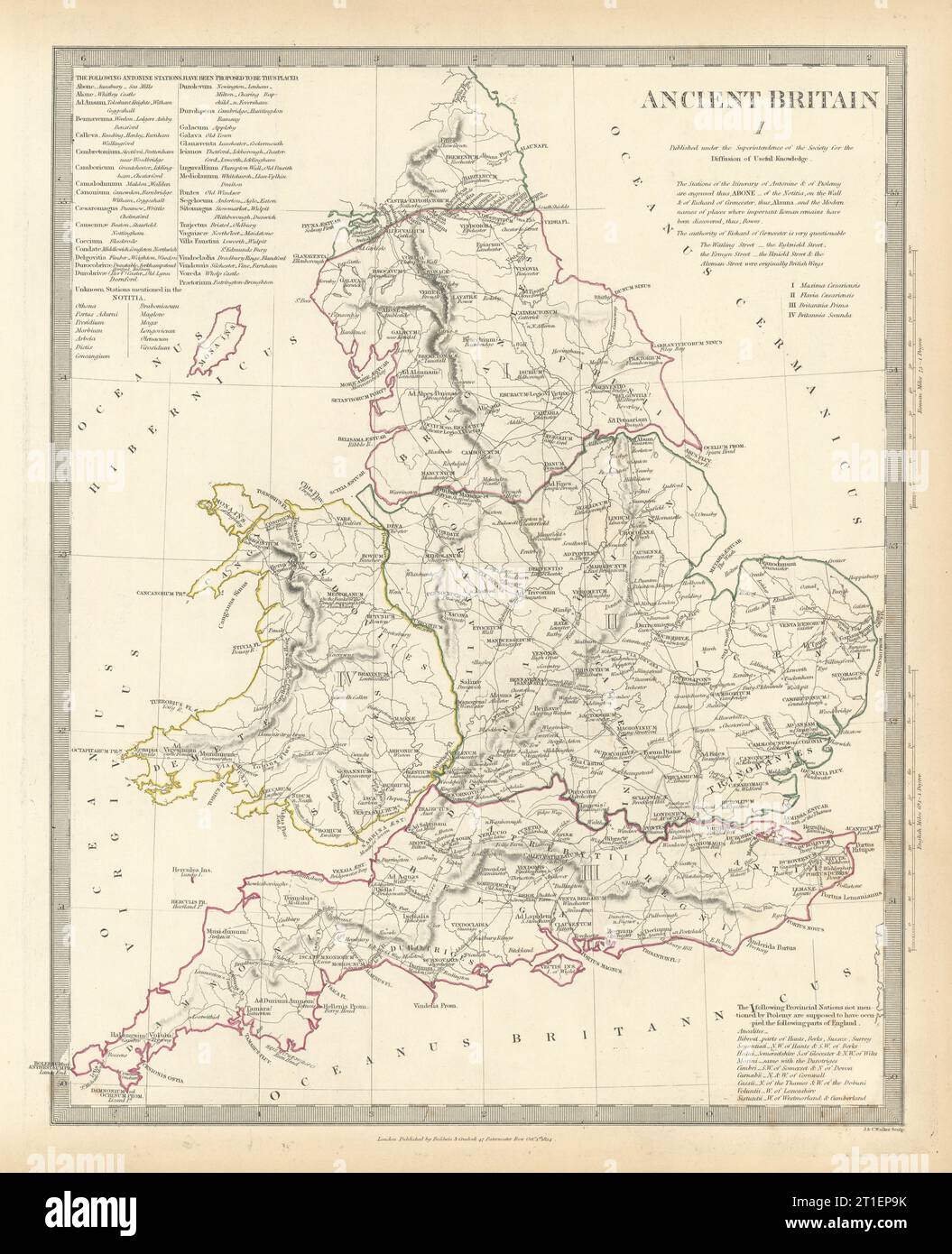 LA GRANDE-BRETAGNE ANTIQUE. Angleterre et pays de Galles. Noms de villes de la route romaine. Carte Ptolemy SDUK 1844 Banque D'Images