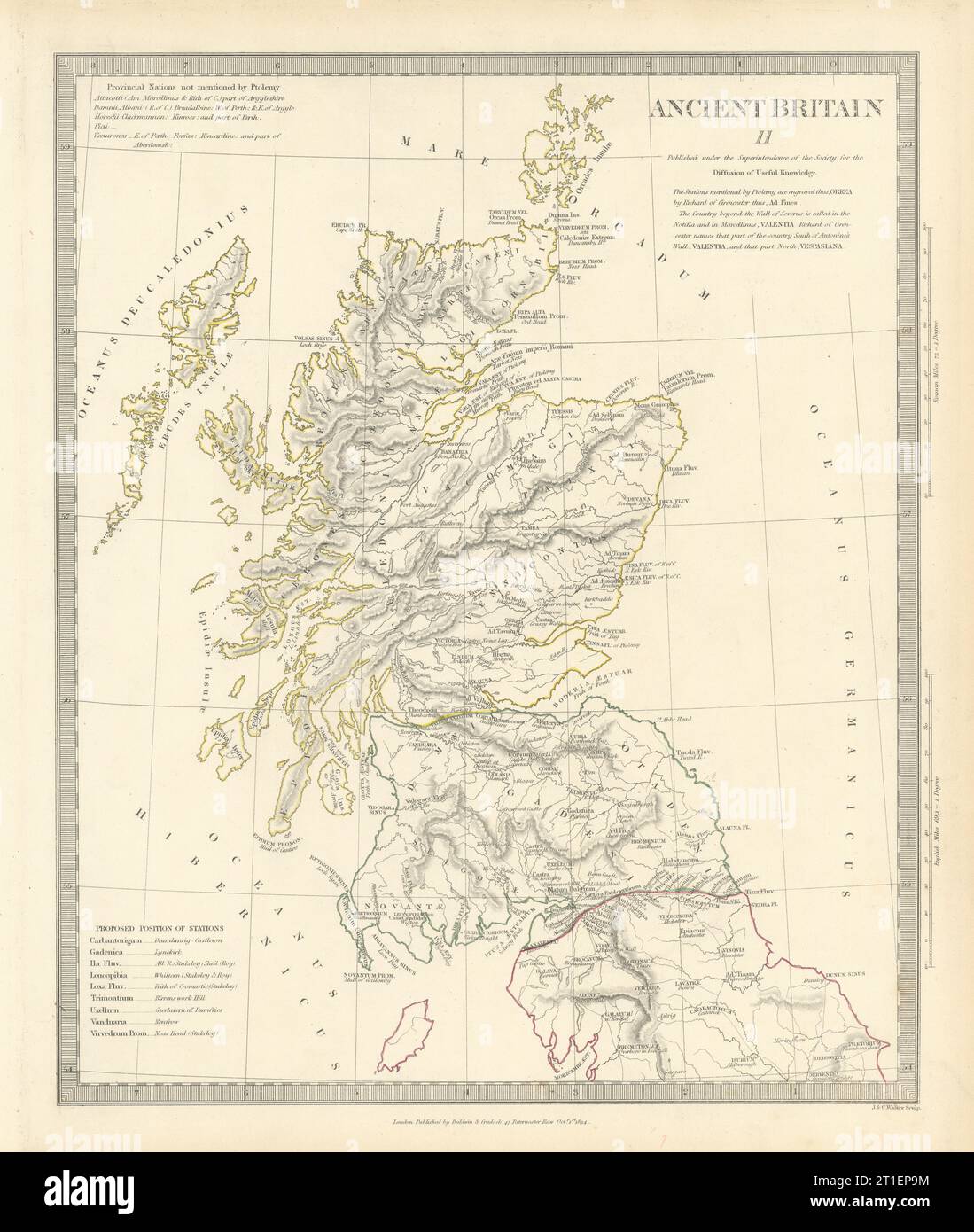 ANCIENT BRITAIN.Caledonia-Scotland.Roman Road Town names.Ptolémée.SDUK 1844 map Banque D'Images